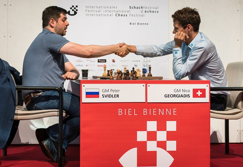 Tournoi Grands-Maîtres au Festival des échecs de Bienne 2018 ronde 2 Svidler-Georgiadis