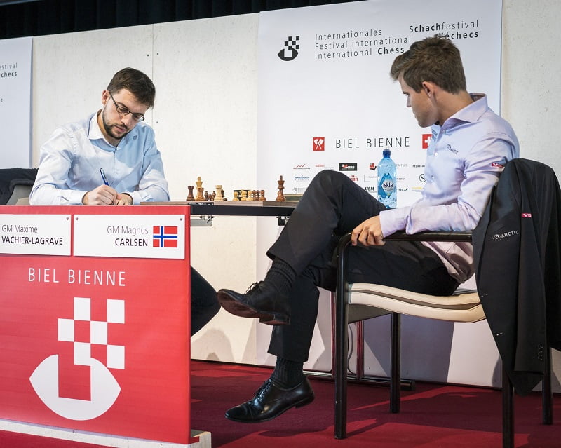 Tournoi Grands-Maîtres au Festival des échecs de Bienne 2018 ronde 2 Vachier-Lagrave Carlsen