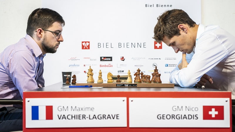 Tournoi des Grands-Maîtres au Festival des échecs de Bienne 2018 ronde 5 Vachier-Lagrave Georgiadis