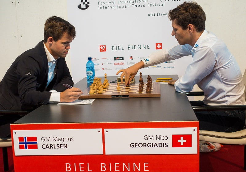 Tournoi des Grands-Maîtres au Festival des échecs à Bienne 2018 ronde 10 Carlsen-Georgidis
