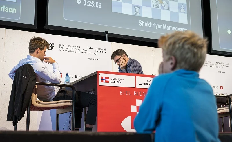 Tournoi Grands-Maîtres au Festival des échecs à Bienne 2018 ronde 7 Carlsen Vachier-Lagrave